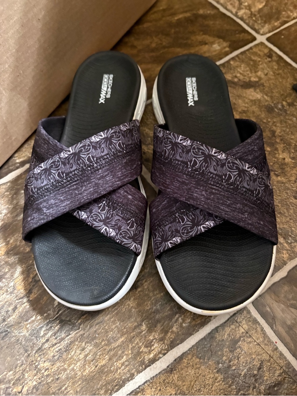 Skechers Women's Black and Purple Crossband Slide Sandals